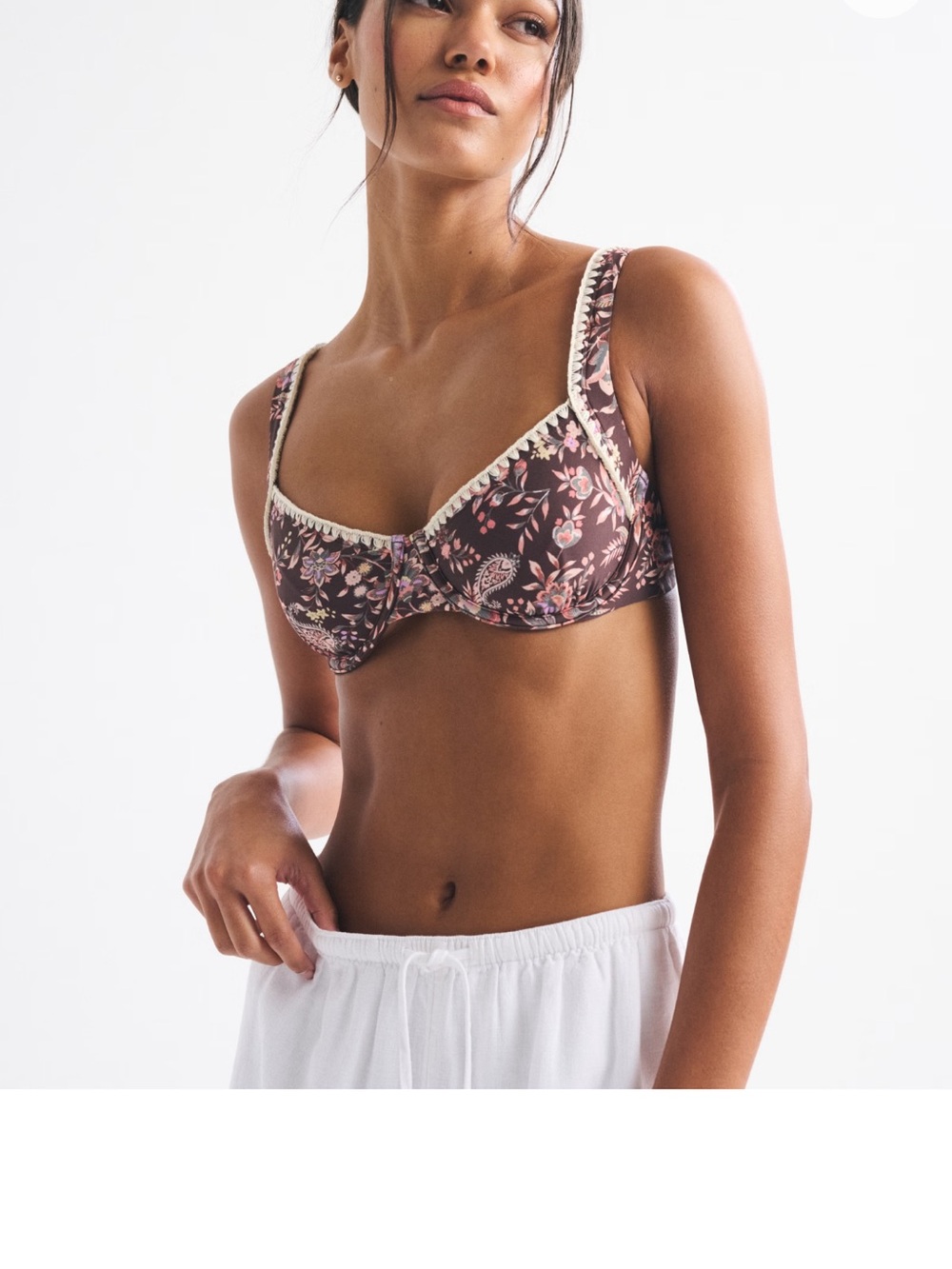 Abercrombie & Fitch Brown Floral Underwire Swim Bra with Cream Trim